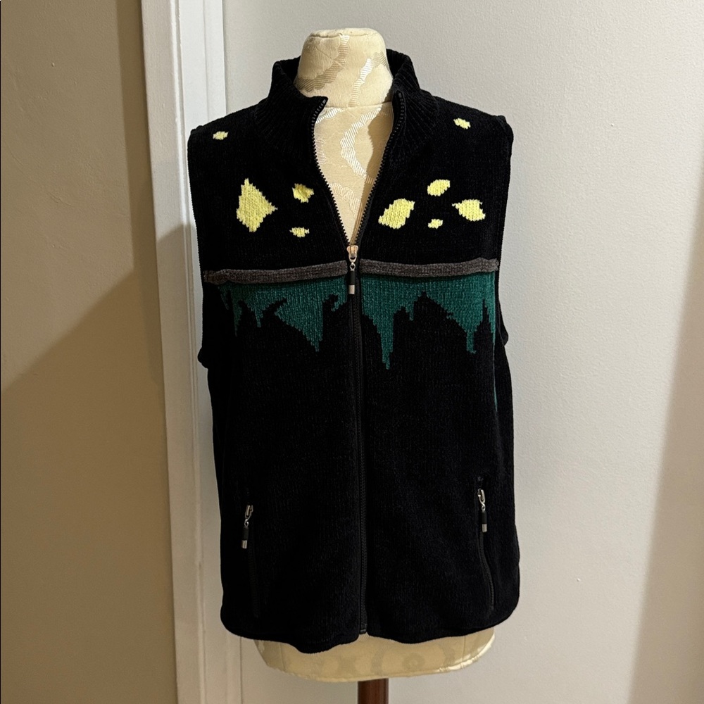 Chenille Black Teal Gray Yellow Lined Zip Pockets Full Zip Vest L